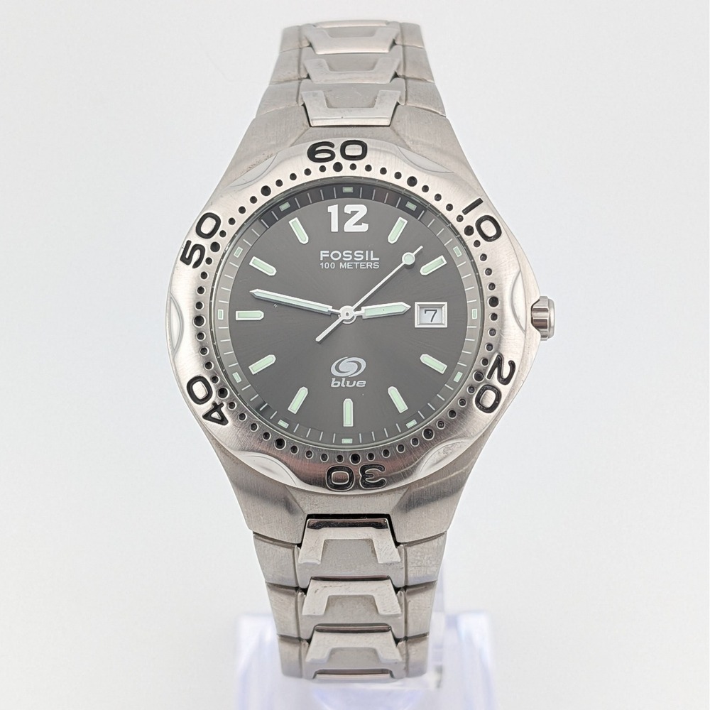 Fossil Blue 100M Gray Sunburst Dial Stainless Steel Quartz Watch Date Heavy 39mm